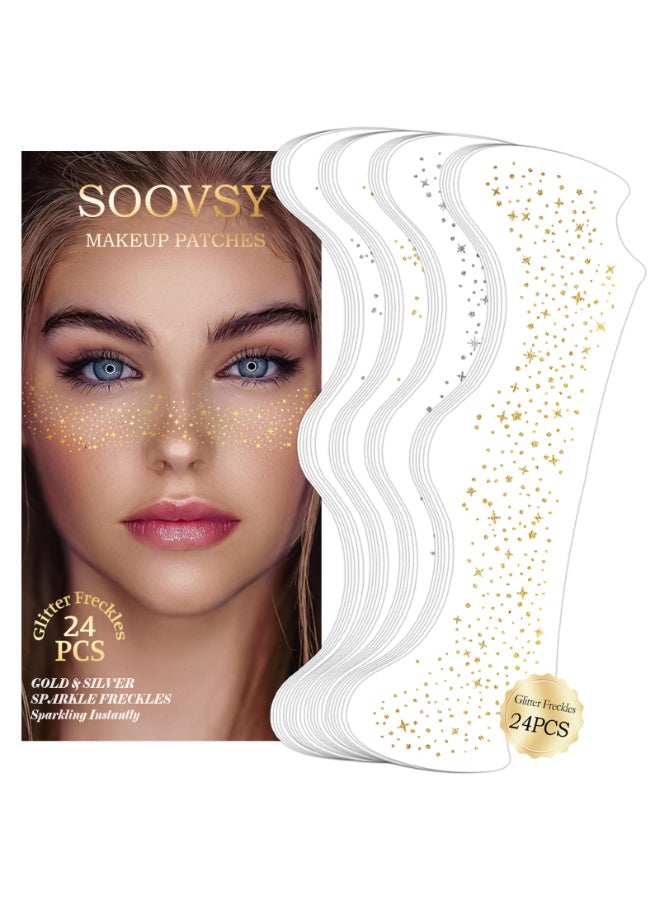 SOOVSY 24pcs Gold and Silver Glitter Freckles Face Tattoo Sparkle Freckles Temporary Face Tattoos Face Glitter Makeup Patches Speckles for Women Waterproof Makeup Accessories for Mardi Gras Festival - Image 2