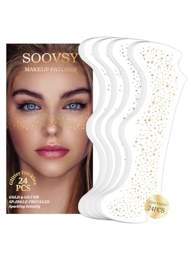 SOOVSY 24pcs Gold and Silver Glitter Freckles Face Tattoo Sparkle Freckles Temporary Face Tattoos Face Glitter Makeup Patches Speckles for Women Waterproof Makeup Accessories for Mardi Gras Festival - Image 1
