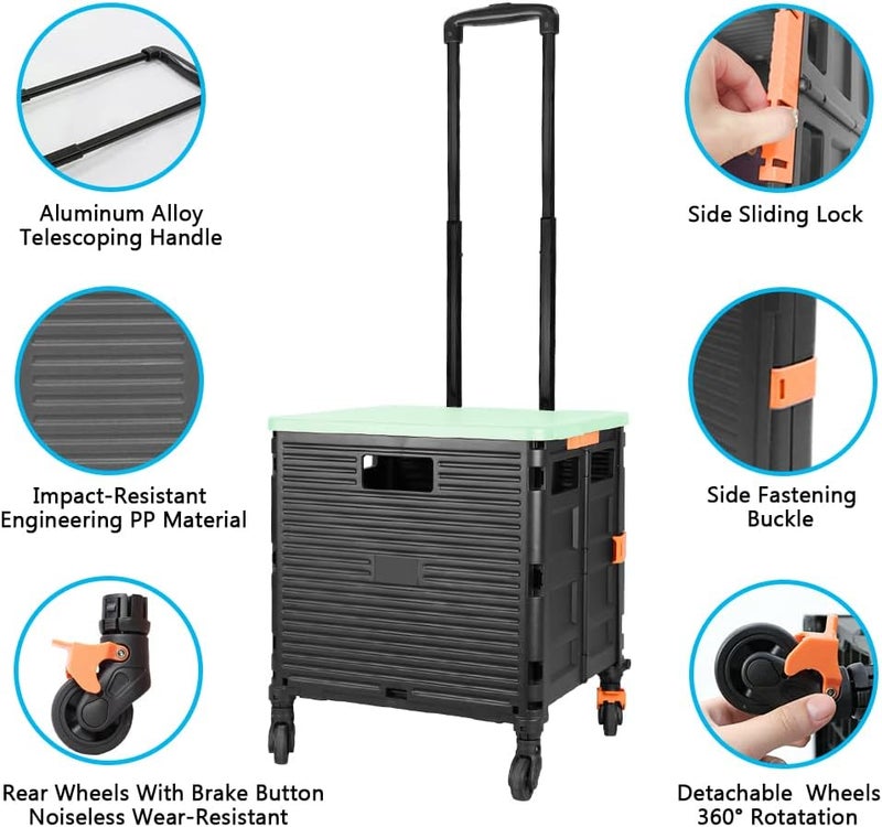FELICON SELORSS Foldable Utility Cart Folding Portable Rolling Crate Handcart with Heavy Duty Telescoping Handle Collapsible 4 Rotate Wheels for Travel Shopping Move Luggage Office Use(Black+Green) - Image 2
