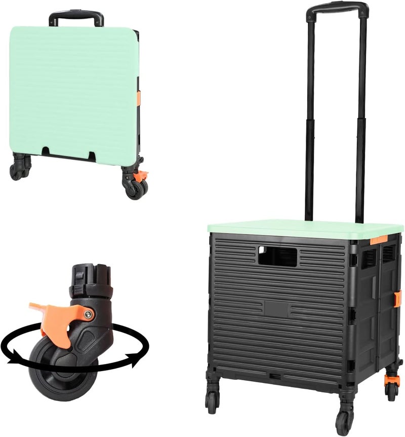 FELICON SELORSS Foldable Utility Cart Folding Portable Rolling Crate Handcart with Heavy Duty Telescoping Handle Collapsible 4 Rotate Wheels for Travel Shopping Move Luggage Office Use(Black+Green) - Image 1