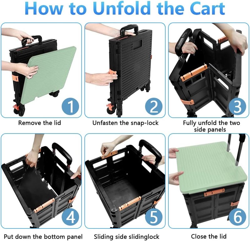 FELICON SELORSS Foldable Utility Cart Folding Portable Rolling Crate Handcart with Heavy Duty Telescoping Handle Collapsible 4 Rotate Wheels for Travel Shopping Move Luggage Office Use(Black+Green) - Image 4