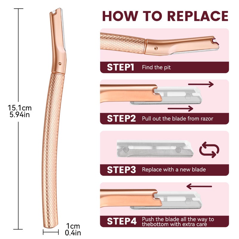 derloyo Eyebrow Razor-Face Razors for Women-Dermaplaning Tool for Face Exfoliation & Peach Fuzz with 12 Refill Blades-Facial Dermaplane Razors Shaver-Rose Gold - Image 5