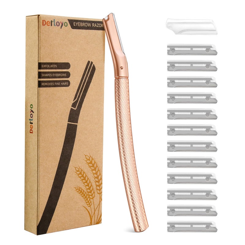 derloyo Eyebrow Razor-Face Razors for Women-Dermaplaning Tool for Face Exfoliation & Peach Fuzz with 12 Refill Blades-Facial Dermaplane Razors Shaver-Rose Gold - Image 1