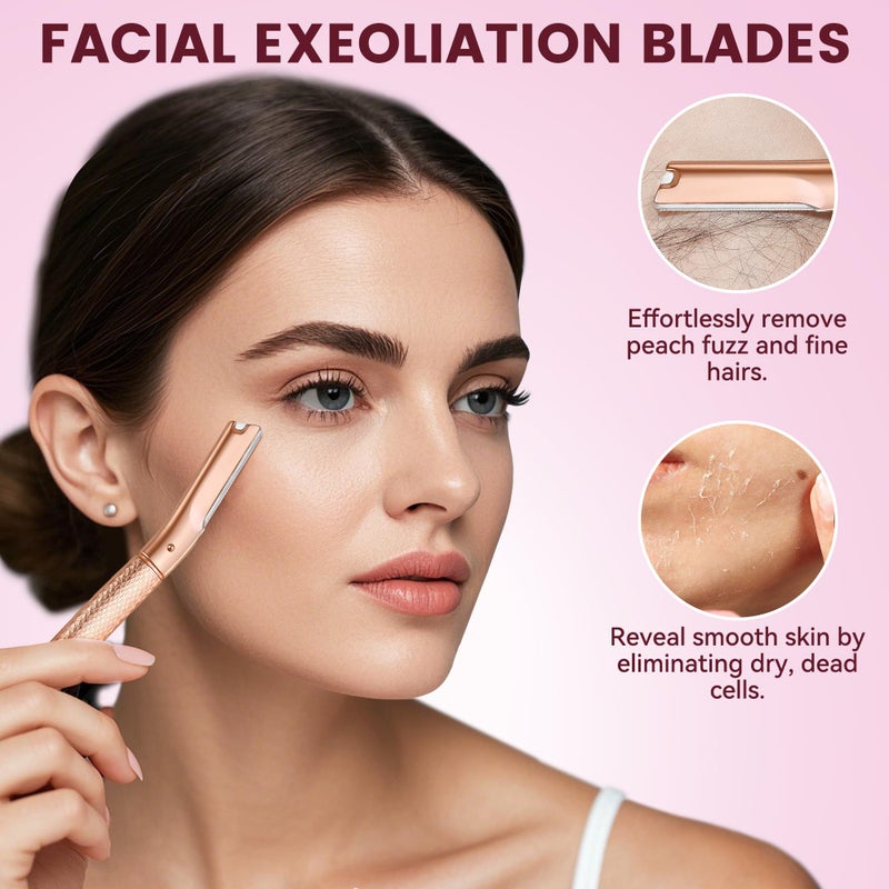 derloyo Eyebrow Razor-Face Razors for Women-Dermaplaning Tool for Face Exfoliation & Peach Fuzz with 12 Refill Blades-Facial Dermaplane Razors Shaver-Rose Gold - Image 4