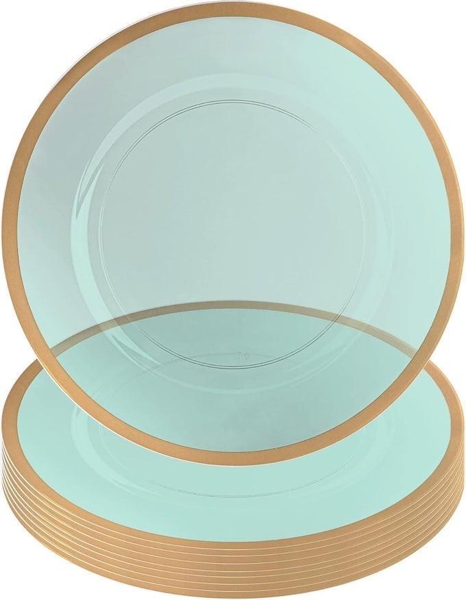 13INCH CHARGER PLATES 8 PACK TRANSPARENT GREEN GOLD RIM HEAVYDUTY DISPOSABLE CHARGERS FOR ELEGANT DINING IDEAL FOR WEDDINGS AND FORMAL EVENTS