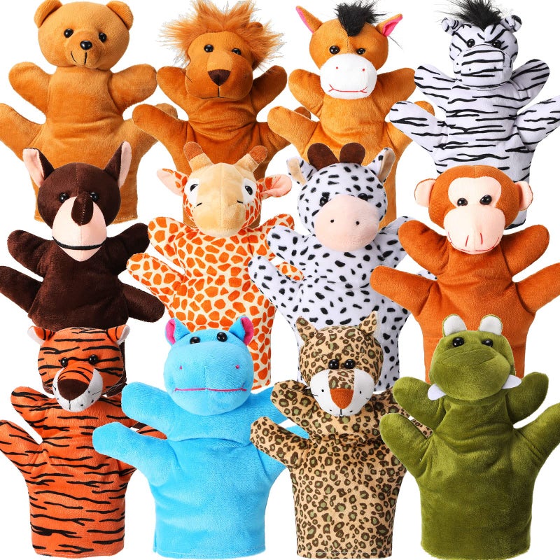 Hungdao 12 Pieces Hand Puppet Zoo Animal Plush Puppets Cute Animal Plush Pretend Educational Toys with Tiger Lion Bear Leopard Design for Telling Story Teaching Role Play - Image 1
