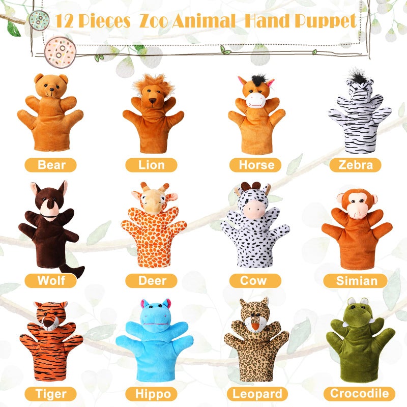 Hungdao 12 Pieces Hand Puppet Zoo Animal Plush Puppets Cute Animal Plush Pretend Educational Toys with Tiger Lion Bear Leopard Design for Telling Story Teaching Role Play - Image 2