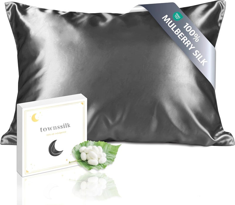 townssilk Both Side 100% 19mm Silk Pillowcase 40x80cm Pillow Case Cushion Cover with Hidden Zipper Darkgrey - Image 1