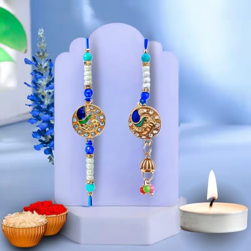 DRYPHON Peacock Combo Rakhi for Brother and Bhabhi | Lumba Rakhi for Bhabhi & Matching Rakhi for Bhai with Roli Chawal Tilak Set and Tealight Candle | Rakhi Set for Bhaiya Bhabhi (LMB-03) - Image 1