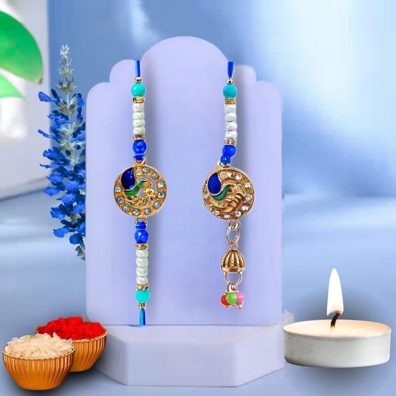 DRYPHON Peacock Combo Rakhi for Brother and Bhabhi | Lumba Rakhi for Bhabhi & Matching Rakhi for Bhai with Roli Chawal Tilak Set and Tealight Candle | Rakhi Set for Bhaiya Bhabhi (LMB-03) - Image 5