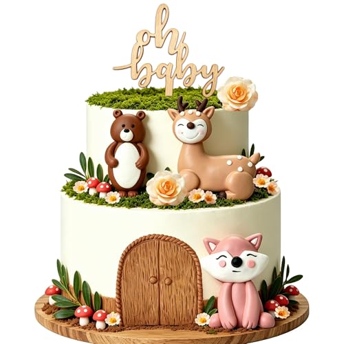 RASSLISA Woodland Animals Cake Toppers 23Pcs Oh Baby Forest Creatures Cake Decorations with Bear Fox Deer Figurines Mushrooms Leaves Flowers for Woodland Baby Shower Wild One 1st Birthday Party Supplies - Image 1