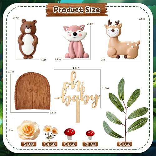 RASSLISA Woodland Animals Cake Toppers 23Pcs Oh Baby Forest Creatures Cake Decorations with Bear Fox Deer Figurines Mushrooms Leaves Flowers for Woodland Baby Shower Wild One 1st Birthday Party Supplies - Image 5