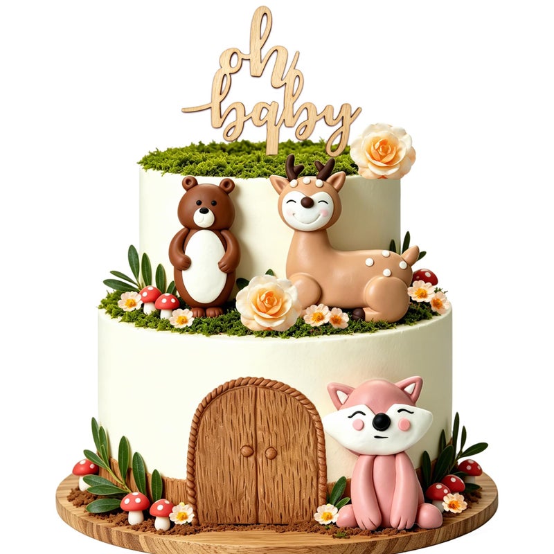RASSLISA Woodland Animals Cake Toppers 23Pcs Oh Baby Forest Creatures Cake Decorations with Bear Fox Deer Figurines Mushrooms Leaves Flowers for Woodland Baby Shower Wild One 1st Birthday Party Supplies - Image 3