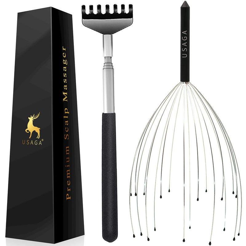 USAGA 20 Fingers Head Massager Scalp Massager Head Scratcher Extendable Back Scratcher, Stocking Stuffers Gift for Scalp Body Relaxing (Black) - Image 1