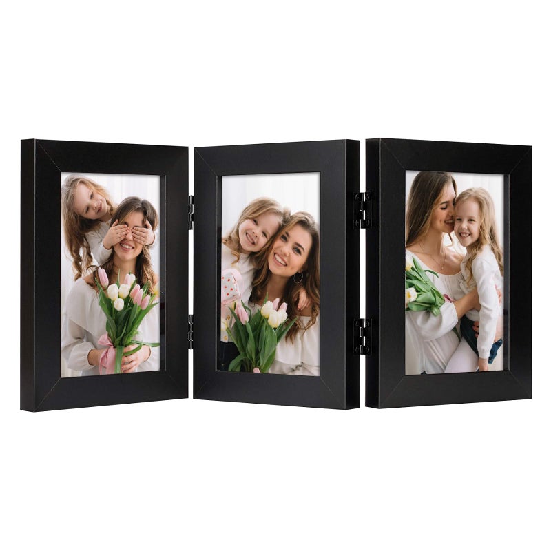 Frametory, 4x6 Trifold Picture Frame Hinged Photo Frames Three Folding Frame Desktop Glass Frame Vertical (Black, 4x6 Triple) - Image 1