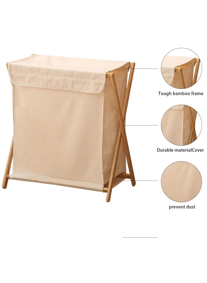 سلة غسيل الروطان سلة تجفيف الملابس القابلة للطي، سلة الملابس مع حقيبة داخلية قابلة للإزالة رف تخزين غسيل الحمام مع غطاء بيج - Image 4