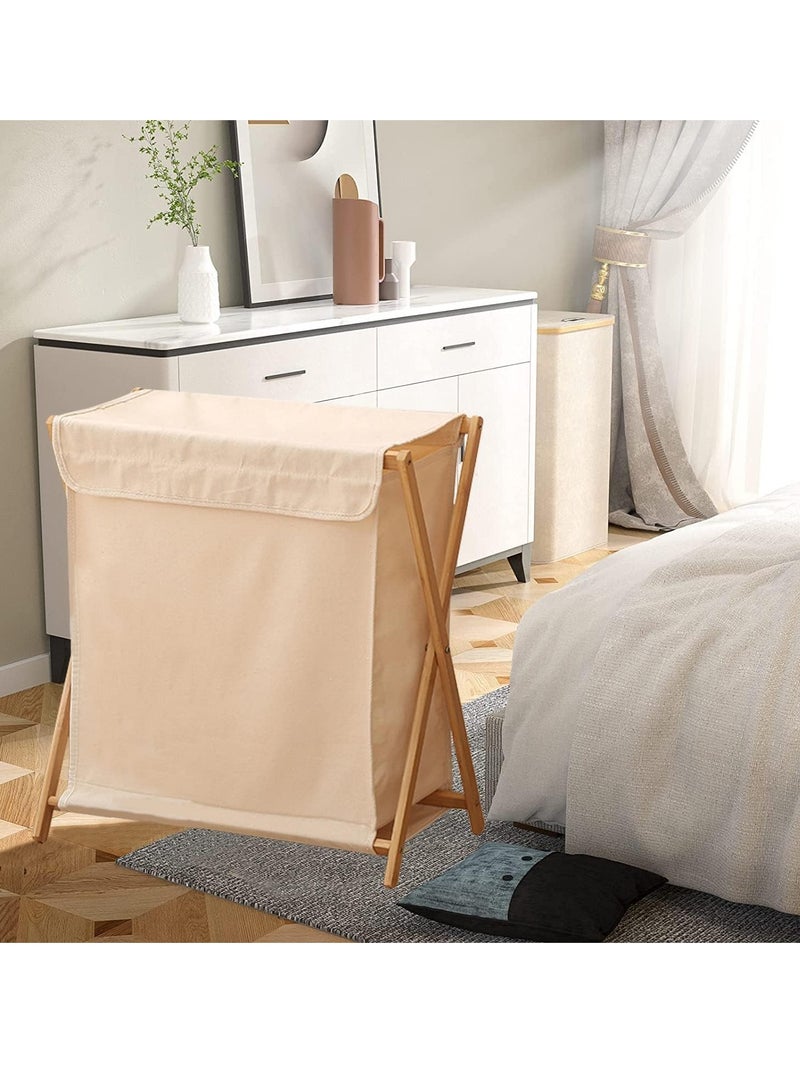 سلة غسيل الروطان سلة تجفيف الملابس القابلة للطي، سلة الملابس مع حقيبة داخلية قابلة للإزالة رف تخزين غسيل الحمام مع غطاء بيج - Image 5