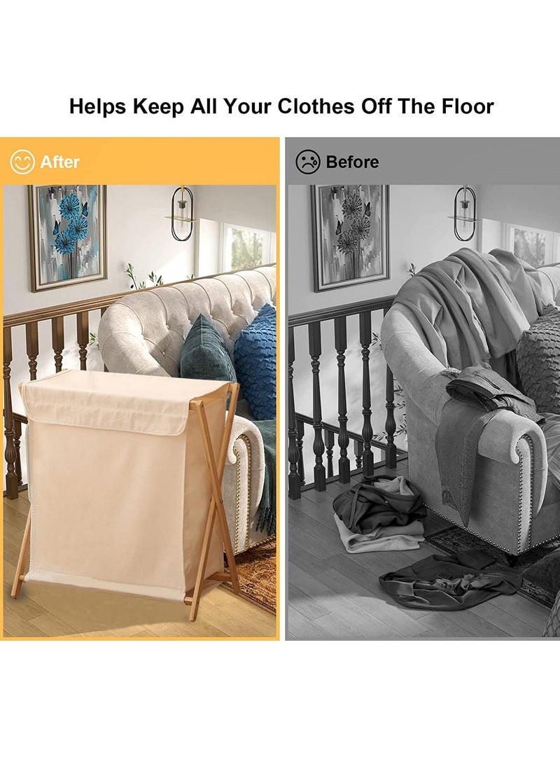 سلة غسيل الروطان سلة تجفيف الملابس القابلة للطي، سلة الملابس مع حقيبة داخلية قابلة للإزالة رف تخزين غسيل الحمام مع غطاء بيج - Image 3