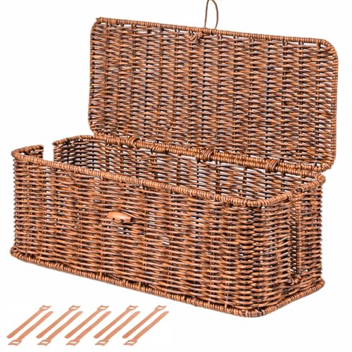 BROWNLILY Cable Management Box, Rattan Style Cord Organizer for Desk Cord Hider Outlet Covers Baby Proofing for Power Strip TV PC Router Charger Under Desk Storage with Lockable Lid and Cable Ties - Image 1