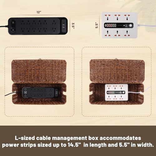 BROWNLILY Cable Management Box, Rattan Style Cord Organizer for Desk Cord Hider Outlet Covers Baby Proofing for Power Strip TV PC Router Charger Under Desk Storage with Lockable Lid and Cable Ties - Image 4