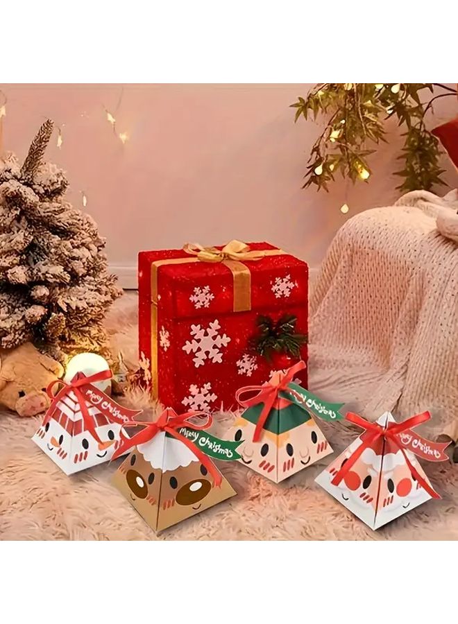 4 قطع صناديق هدايا عيد الميلاد مثلثة الشكل مع شريط، تغليف ورقي احتفالي لأيام العطل - Image 3