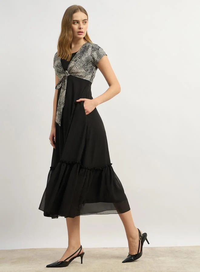 Styli Contrast Animal Print Tie-Up Detail Midi Dress