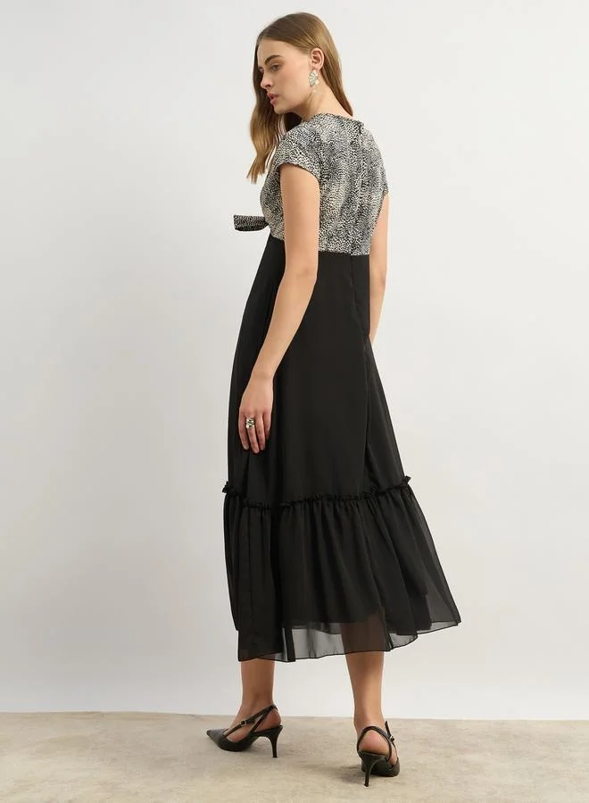 Styli Contrast Animal Print Tie-Up Detail Midi Dress
