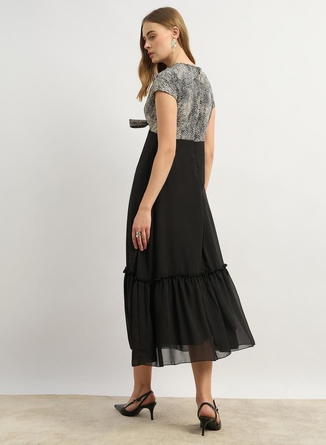 Styli Contrast Animal Print Tie-Up Detail Midi Dress - Image 5