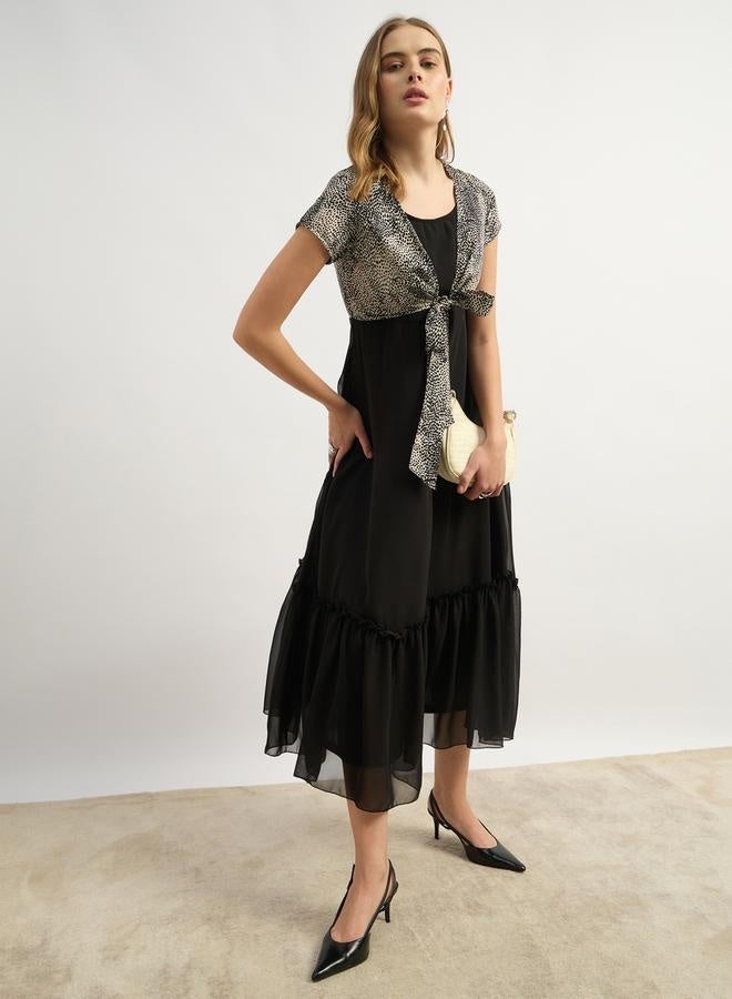 Styli Contrast Animal Print Tie-Up Detail Midi Dress - Image 1