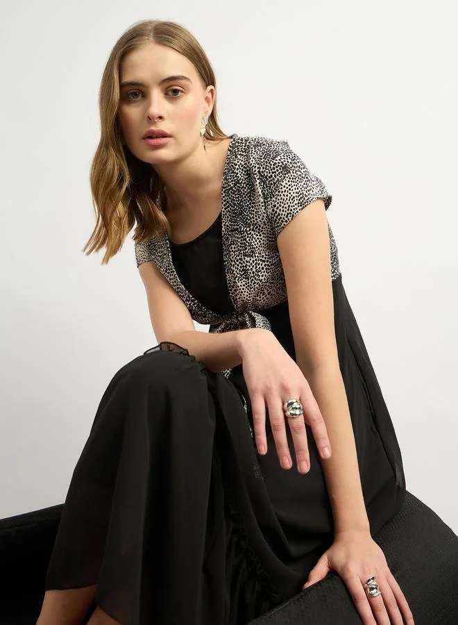 Styli Contrast Animal Print Tie-Up Detail Midi Dress