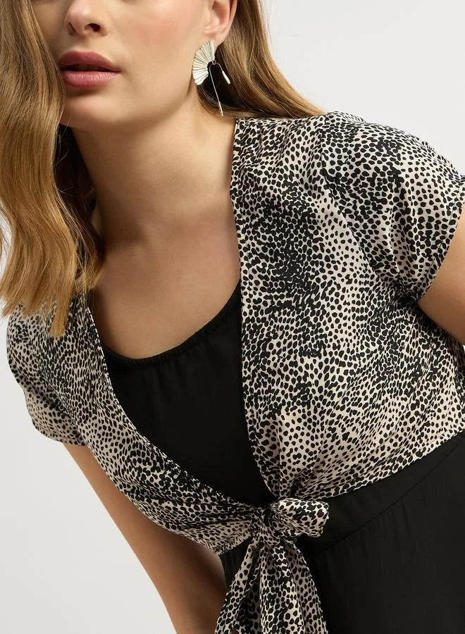 Styli Contrast Animal Print Tie-Up Detail Midi Dress