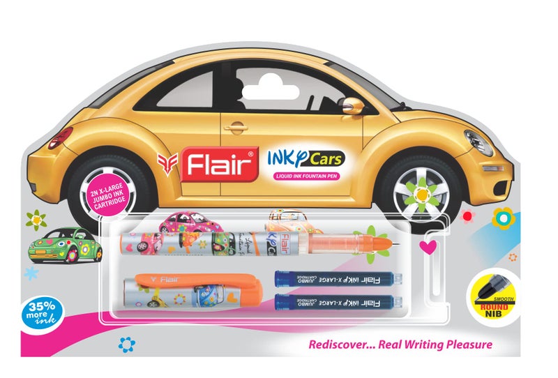 FLAIR Inky Series Cars Liquid Ink Fountain Pen Blister Pack | Free 2 Pieces X-Large Jumbo Cartridges With Each Pack | Cute & Stylish Pen For Kids Girls Boys Students Teens Gifts | Blue Ink, Pack Of 5 - Image 4