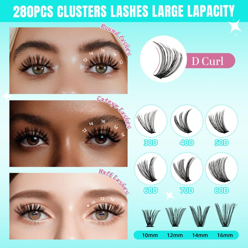 AMZGIRL LASH Lash Clusters Wispy 280PCS Eyelash Extension 40D Cluster Lashes Individual Lashes DIY Lash Extension Natural Look Cluster Eyelash Extensions Soft False Eyelashes at Home for Beginners(10mm) - Image 3