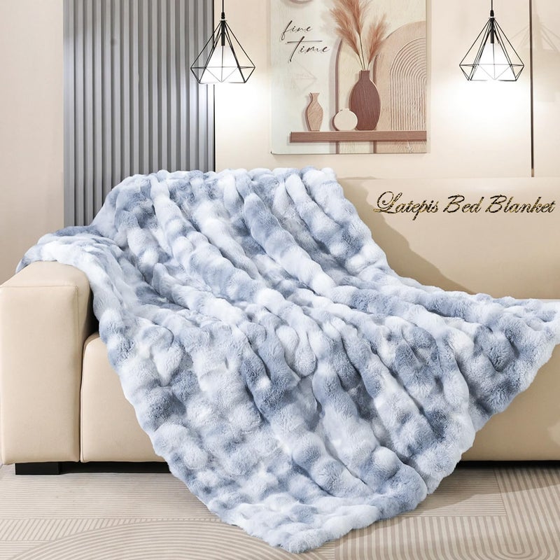 Latepis Faux Fur Throw Blanket for Couch, Soft Luxury Faux Fur Bubble Blanket for Sofa and Bedroom, Plush Thick Warm Cozy Fluffy Blanket for All Seasons, 50â€ x 60â€, Tie-dye Blue - Image 1