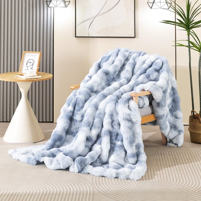 Latepis Faux Fur Throw Blanket for Couch, Soft Luxury Faux Fur Bubble Blanket for Sofa and Bedroom, Plush Thick Warm Cozy Fluffy Blanket for All Seasons, 50â€ x 60â€, Tie-dye Blue - Image 2