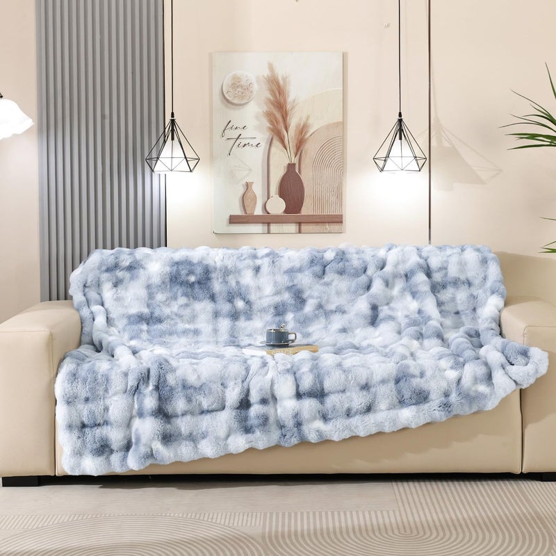 Latepis Faux Fur Throw Blanket for Couch, Soft Luxury Faux Fur Bubble Blanket for Sofa and Bedroom, Plush Thick Warm Cozy Fluffy Blanket for All Seasons, 50â€ x 60â€, Tie-dye Blue - Image 3