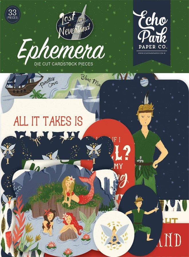 Echo Park Paper Company Lost in Neverland ephemera, navy, green, red, gold - Image 1