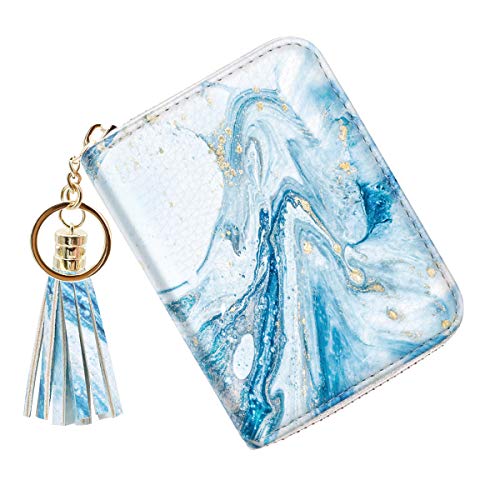 Coco Rossi Leather Credit Card Wallet for Women, RFID Blocking Zipper Cards Holder with Tassel, Blue Marble - Image 2