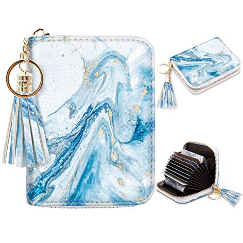 Coco Rossi Leather Credit Card Wallet for Women, RFID Blocking Zipper Cards Holder with Tassel, Blue Marble - Image 1