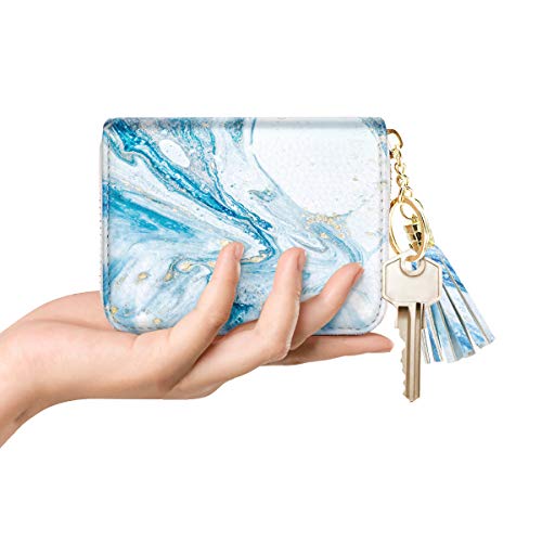Coco Rossi Leather Credit Card Wallet for Women, RFID Blocking Zipper Cards Holder with Tassel, Blue Marble - Image 4
