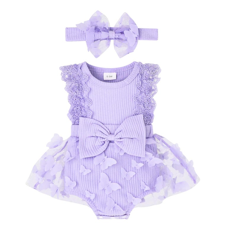 FOCICI Baby Clothes For Girls 0-3 Months Summer Cute Newborn Outfits Sleeveless Lace One Piece Romper + Headband 2pcs Set Purple 0-3 Months - Image 1