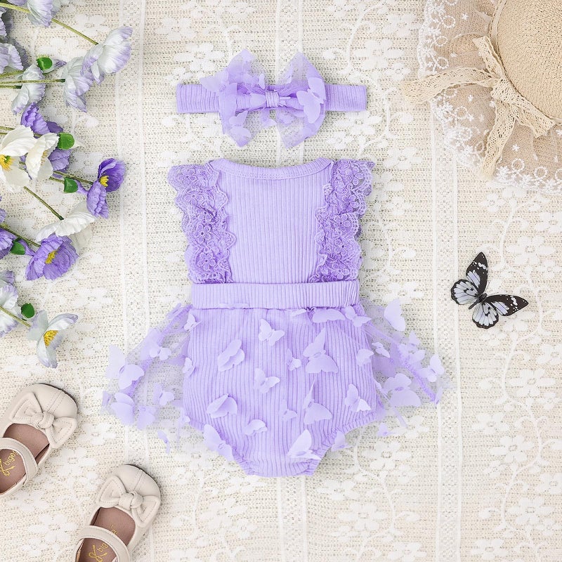 FOCICI Baby Clothes For Girls 0-3 Months Summer Cute Newborn Outfits Sleeveless Lace One Piece Romper + Headband 2pcs Set Purple 0-3 Months - Image 4