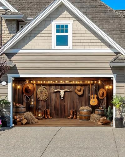 NYMB Western Cowboy Garage Door Cover Banner Decorations Backdrop Wild West Wooden Barn Door Garage Door Decorations Wild West Photographic Studio Photo Backgrounds Birthday Party Supplies (16X7FT) - Image 2