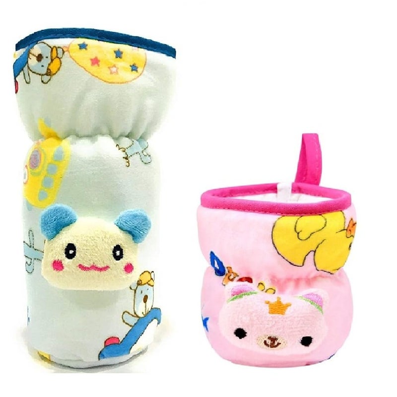Lappu Soft Plush Stretchable Baby Feeding Bottle Cover Tote Bag Carrier Set of 2 (Wide Neck 125ml/4oz 240-330ml/8-11oz- Blue Pink) - Image 1