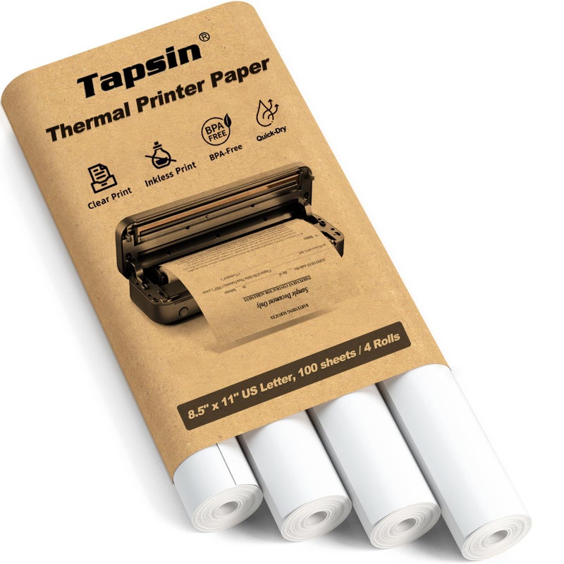 Tapsin Thermal Printer Paper 8.5 x 11 Inch, US Letter Size Quick-Dry Thermal Printing Paper Rolls, Thermal Paper Compatible with M08F-Letter, M832, M834, MT800, MT800Q Portable Printer, 100 sheets / 4 Rolls - Image 1