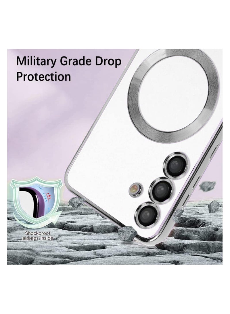 Wtech Magsafe Shockproof Luxury Plating Hybrid Clear PC Case Cover For Samsung Galaxy S24 5G 2024 Silver - Image 3
