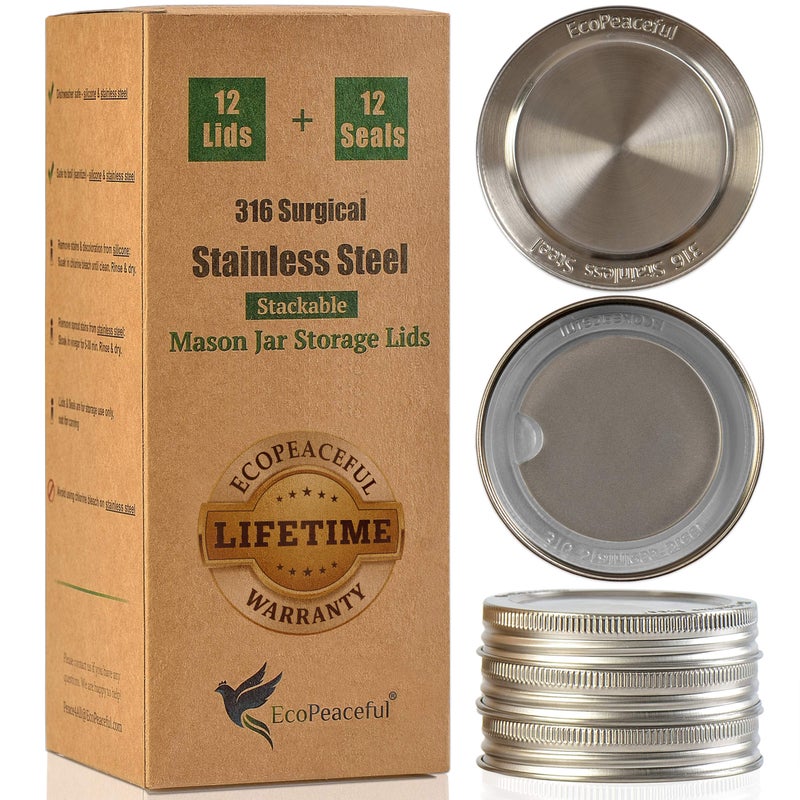 EcoPeaceful 316 Surgical Stainless Steel Mason Jar Lids REGULAR Mouth,ORIGINAL DESIGN,Stackable w/ Pull-Tab Silicone Seal. Rust-proof, Airtight, Leak-proof, Vegan, BPA-Free, Reusable,Not for Canning - Image 1