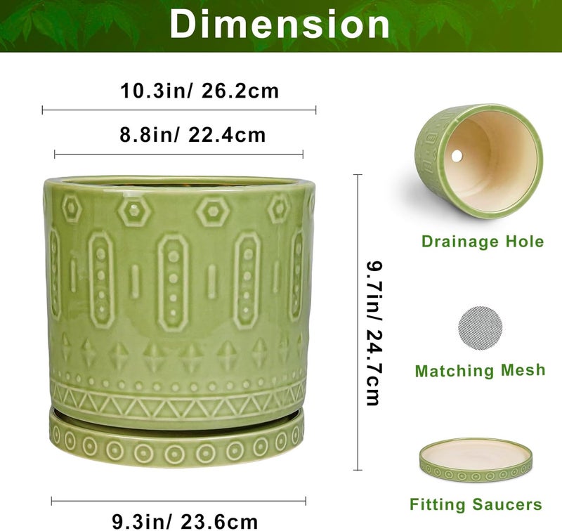 Eightpot Ceramic Pot for Plants - 10 Inch Indoor Plant Pots with Drainage Holes and Saucer, Boho Round Planter Outdoor, Decorative Large Planter for Flower, Living Room Decor, Garden Gifts, Green - Image 3