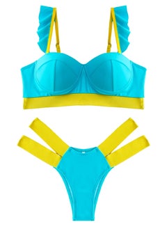 Large Size Lingerie Set Splicing Bikini Push Up Swimsuit Female Swimwear Women Two-piece Bikini set With Bra Cup Bather Bathing Suit Swim Lady Blue /L(bust 92-96/hip 97-101cm)
