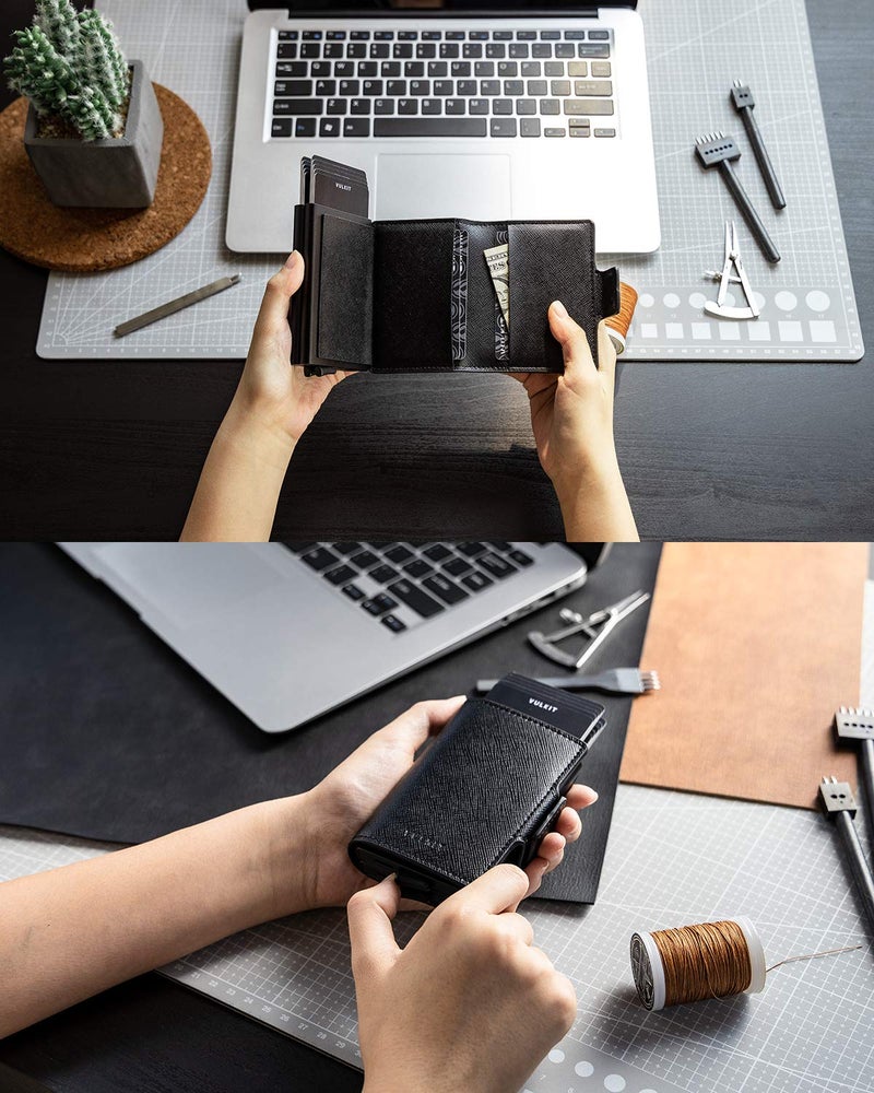 VULKIT حامل بطاقات الائتمان VULKIT مع حماية RFID من الجلد محفظة تلقائية قابلة للفتح مغناطيسية حافظة بطاقتين للرجال والنساء باللون الأسود المتقاطع - Image 4